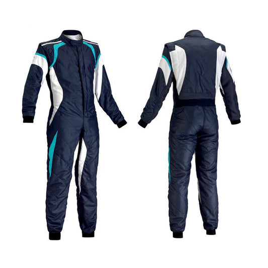A navy go-kart racing suit with white and teal accents, displayed frontally and back, showing the full zipper and elasticated cuffs.