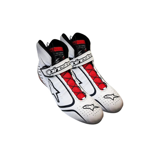 White and red Nico Hulkenberg 2019 F1 racing boots with black accents on a white background