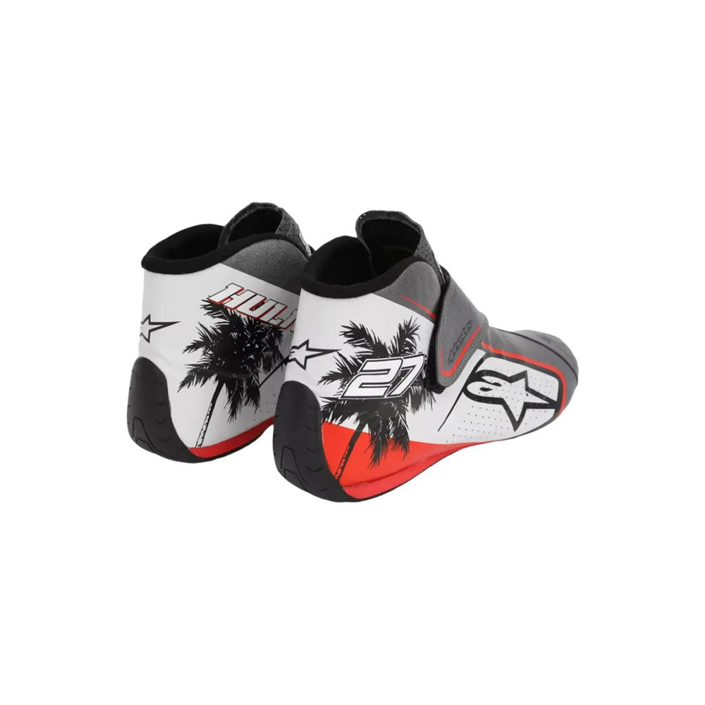 Pair of black and white Nico Hulkenberg 2023 Miami GP Weekend Worn F1 Racing boots with palm tree design on a white background