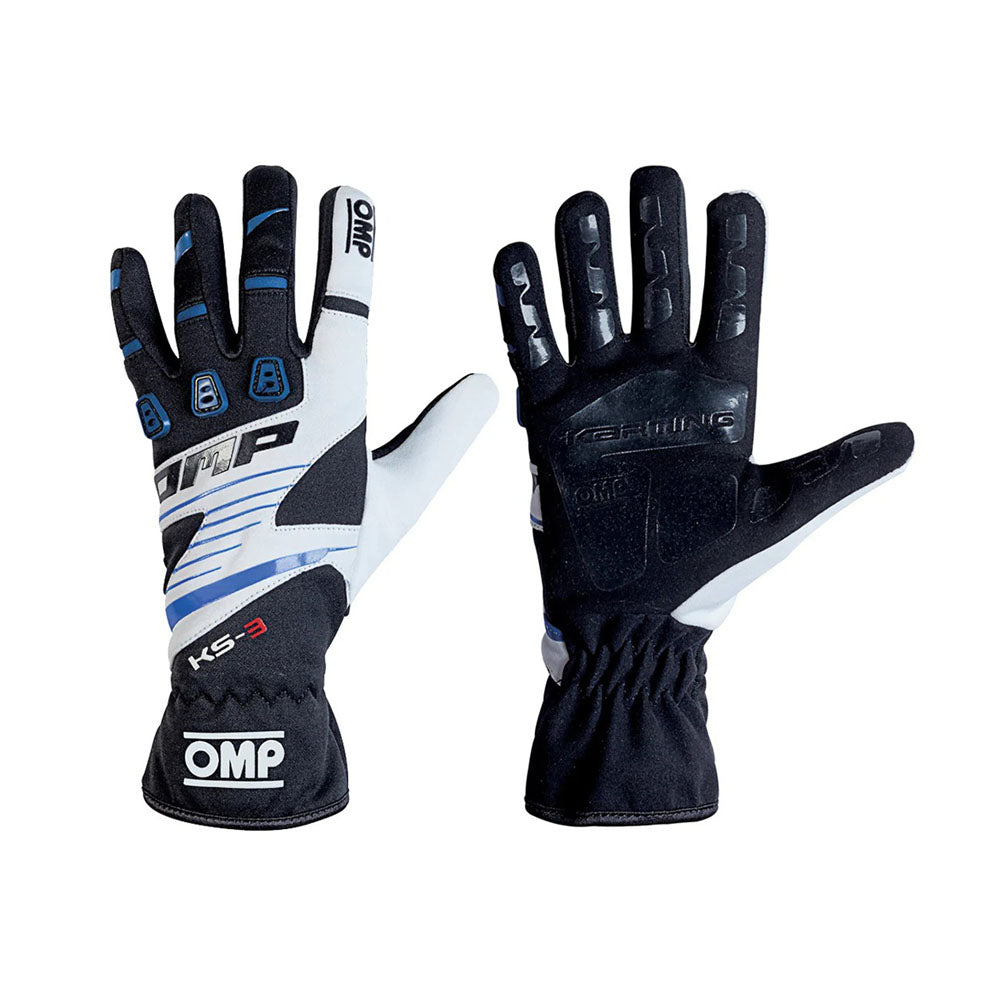 Pair of black and white OMP KS-3 Kart racing gloves with OMP branding on a white background