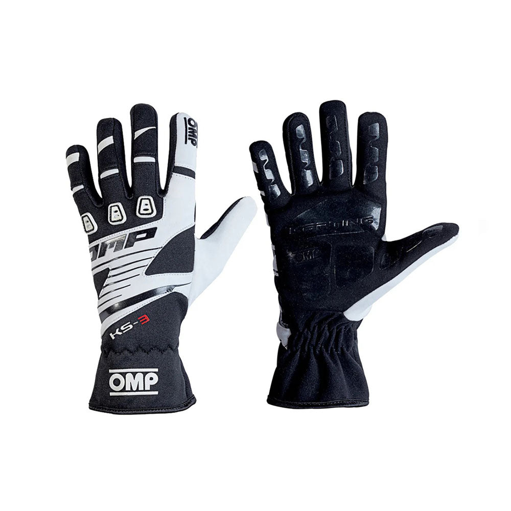 Pair of black and white OMP KS-3 Youth Kart racing gloves with OMP branding on a white background