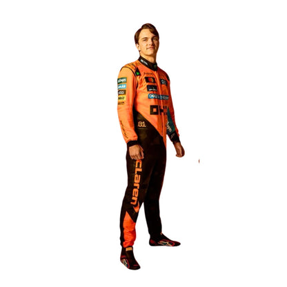 Right Side profile of the 2025 Formula 1 costume worn by Piastri highlighting tailored fit, lateral airflow inserts, and driver customization zones.