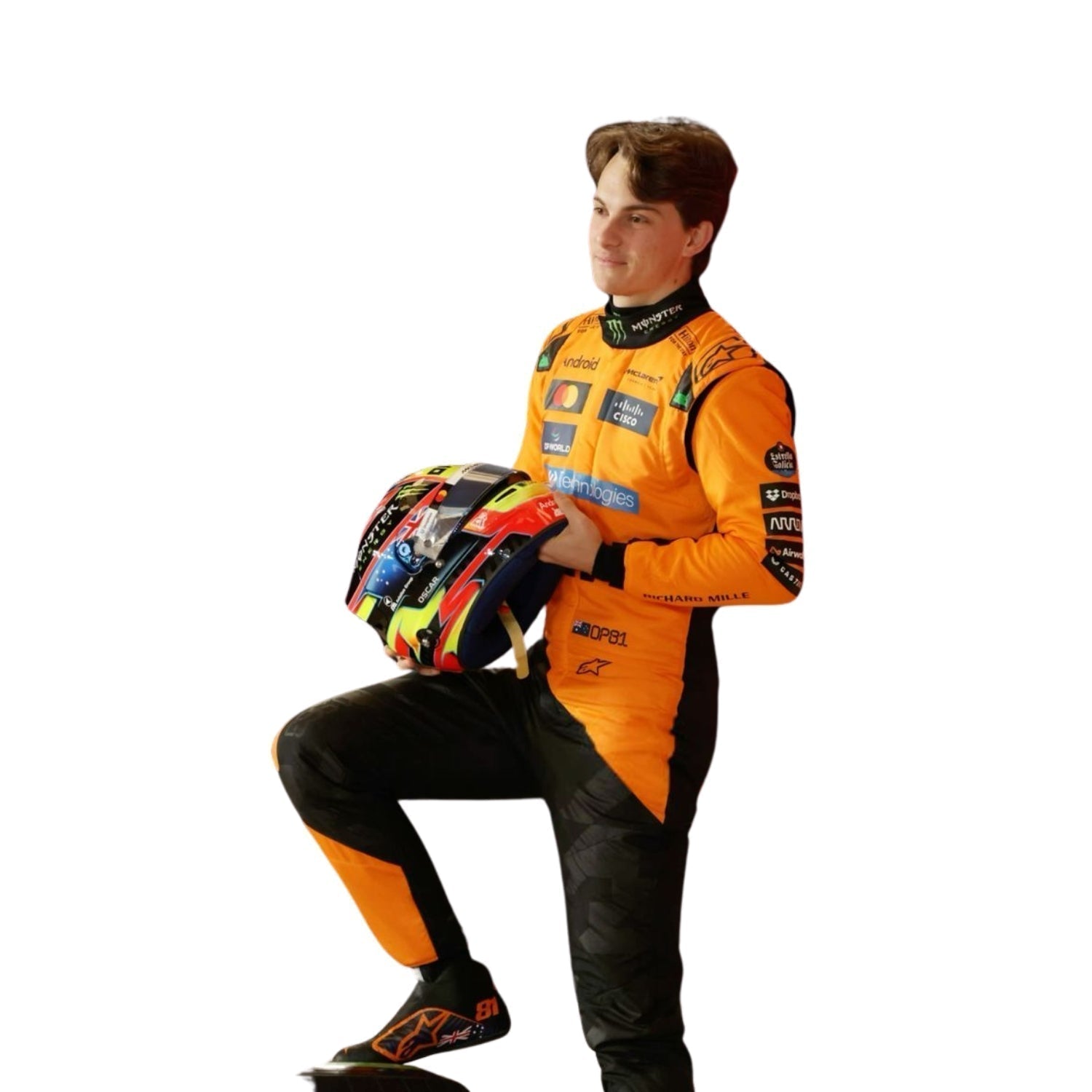 Left Side profile of the 2025 Formula 1 costume worn by Piastri highlighting tailored fit, lateral airflow inserts, and driver customization zones.
