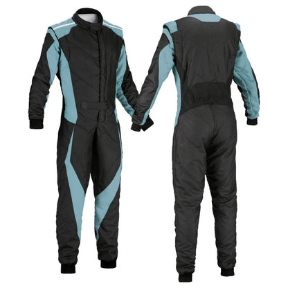 A front and back view of a plain black & blue go kart racing costume with a full zip and elasticated cuffs.