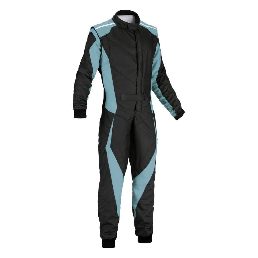 plain black and blue go-kart racing costume featuring lightweight breathable material, secure zip closure, stretch panels for comfort and adjustable belt – custom name option available.