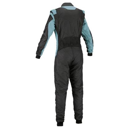 Back View Of plain black and blue go-kart racing costume featuring lightweight breathable material, secure zip closure, stretch panels for comfort and adjustable belt – custom name option available.