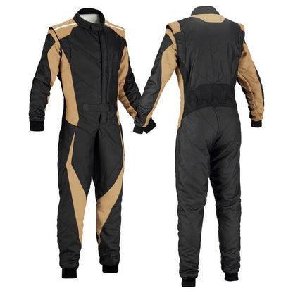 A front and back view of a plain black go kart racing costume with beige accents on the sides.