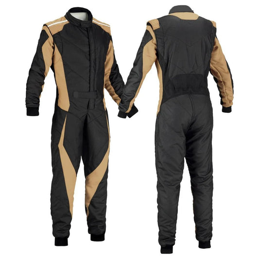 A front and back view of a plain black go kart racing costume with beige accents on the sides.