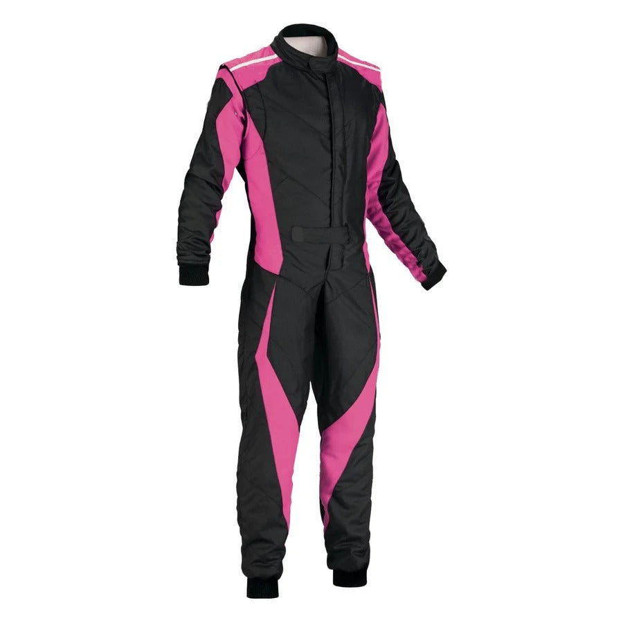 plain black and pink go-kart racing suit featuring lightweight breathable fabric, secure zip closure, stretch panels for comfort and adjustable belt – custom name option available.