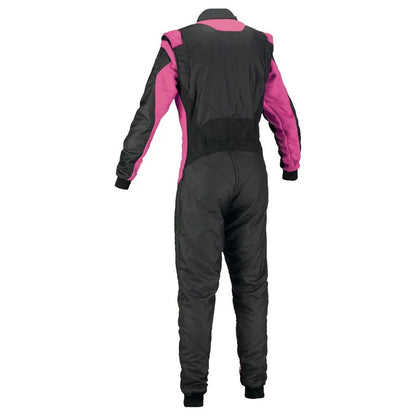 Back View of plain black and pink go-kart racing suit featuring lightweight breathable fabric, secure zip closure, stretch panels for comfort and adjustable belt – custom name option available.