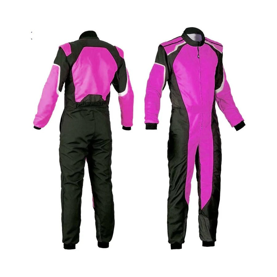 A plain purple and black go kart racing suit with long sleeves, full zip, and elasticated cuffs, displayed front and back.