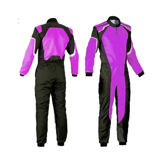 A purple and black karting race suit, with the front and back views shown, featuring a full zip and elasticated cuffs.