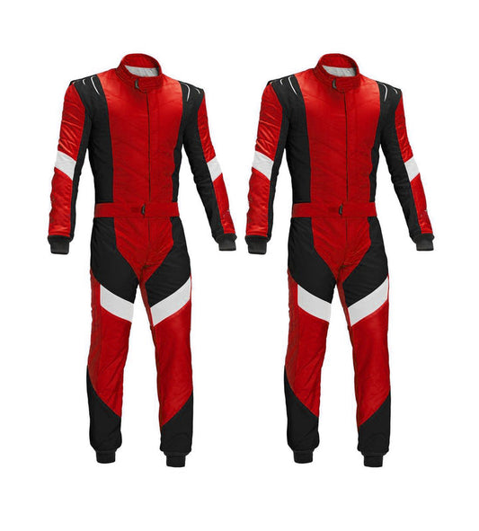 A front and back view of a red go-kart racing suit with black and white accents, featuring a full zipper, elasticated cuffs, and a fine collar with Velcro.