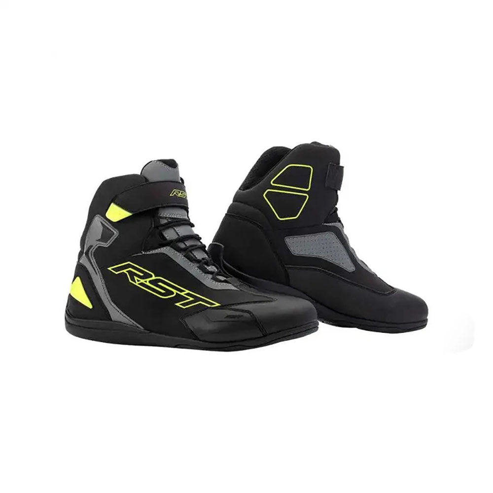 Black Sabre Moto Racing motorcycle boots with yellow accents and RST branding on a white background