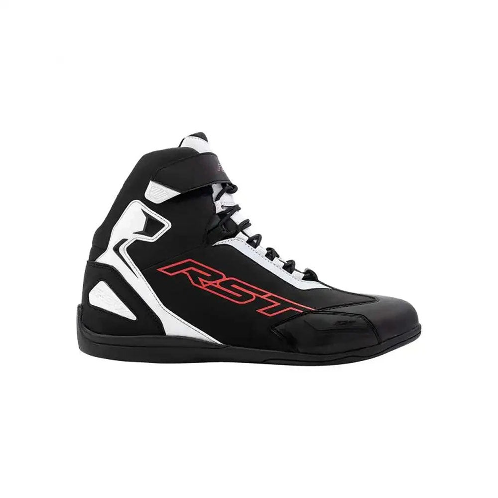 Black and white high-top Sabre Moto Racing shoe with red logo on a white background