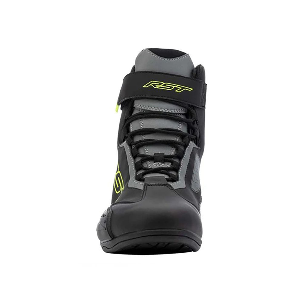 Black and gray Sabre Moto Racing boot with RST branding on a white background