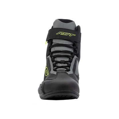 Black and gray Sabre Moto Racing boot with RST branding on a white background