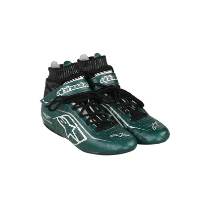 Green and black Sebastian Vettel 2022 F1 Racing shoes with 'Alpinestars' branding on a white background