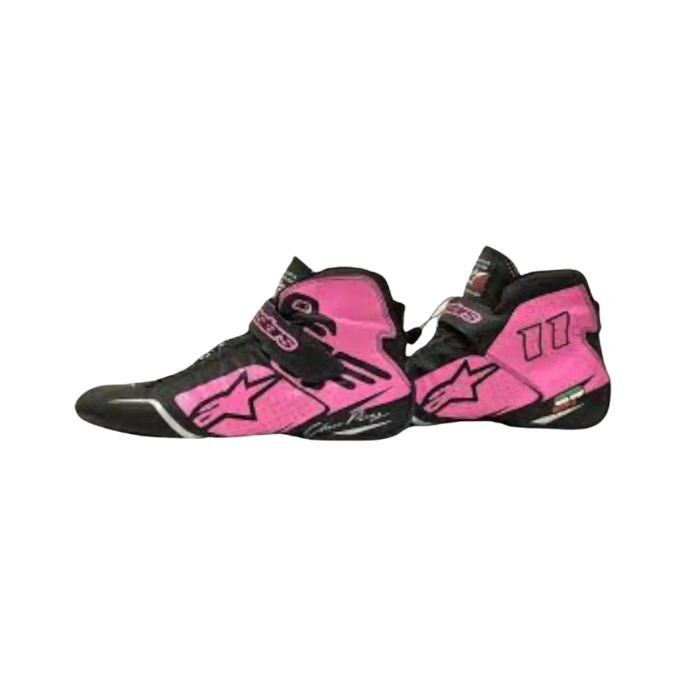 Pink and black Sergio Perez 2017 F1 Racing shoes on a white background