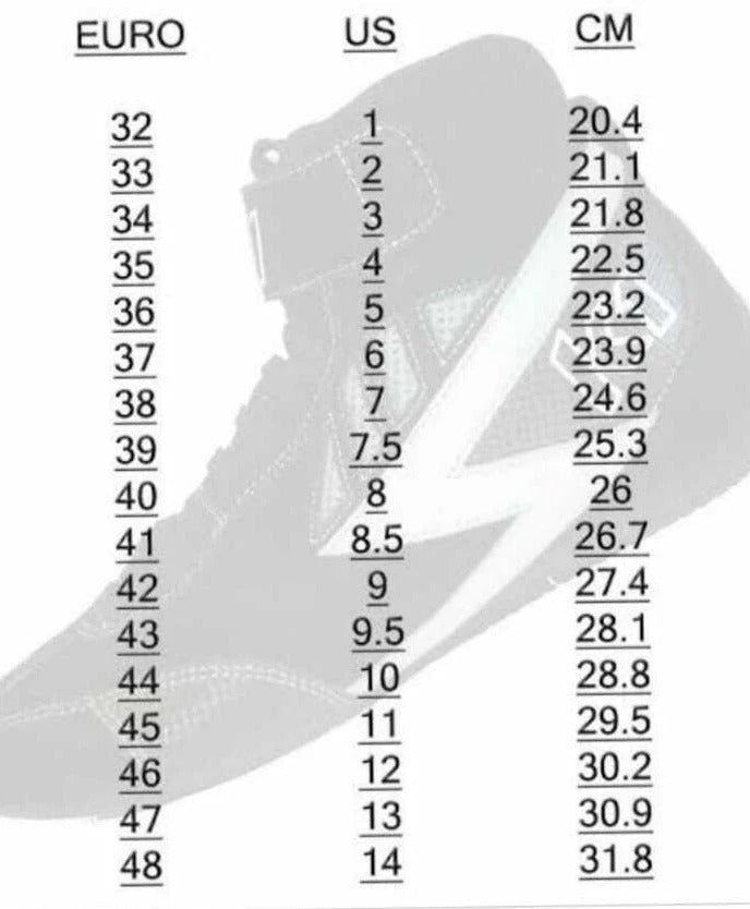 Shoe size chart converting between Euro, US, and CM measurements