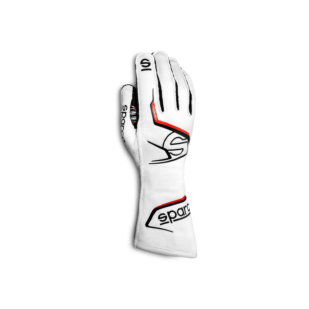 Sparco Arrow-K White kart racing glove with black and red accents on a white background