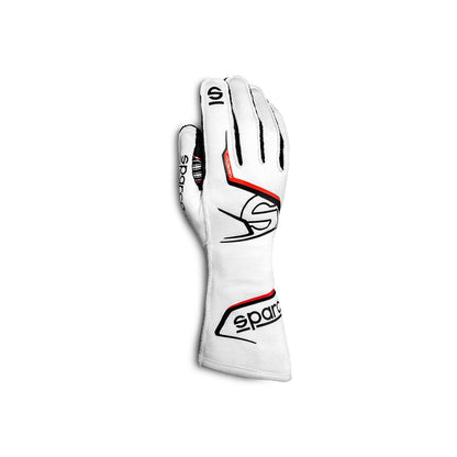 Sparco Arrow-K White kart racing glove with black and red accents on a white background
