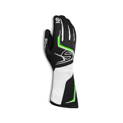 Sparco TIDEK kart Black, white, and green racing glove on a white background