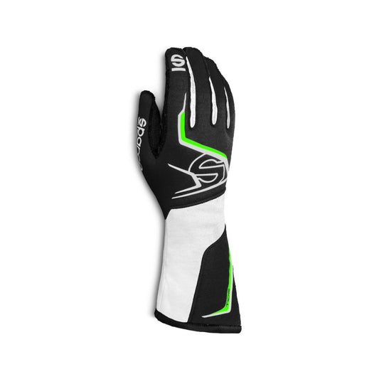 Sparco TIDEK kart Black, white, and green racing glove on a white background