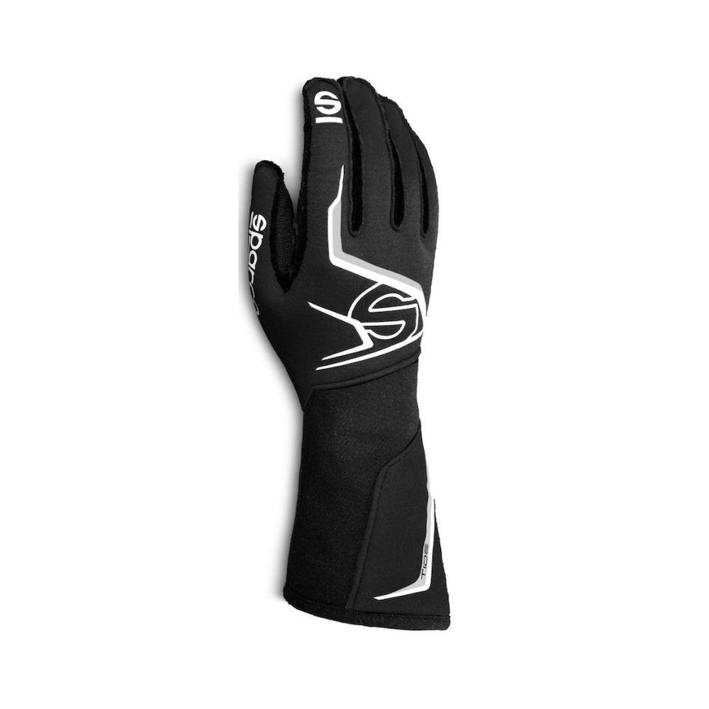 Sparco TIDEK kart Black racing glove with white accents on a white background