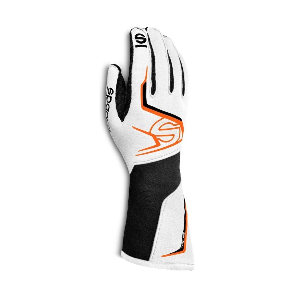 Sparco TIDEK kart White and black glove with orange accents on a white background