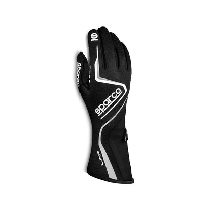 Black Sparco Lap Racing glove with white accents on a white background