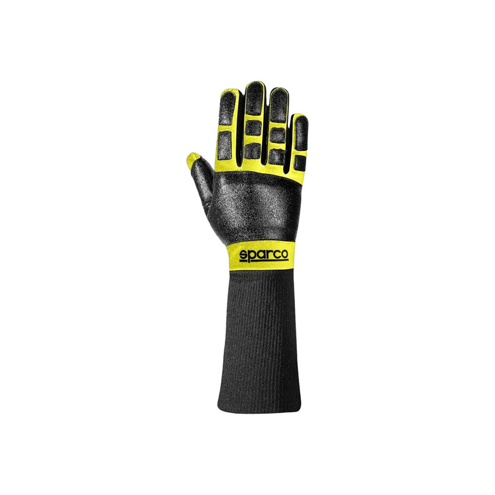 Black Sparco R-Tide MECA Mechanics Kart racing glove with yellow accents and 'Sparco' branding on a white background