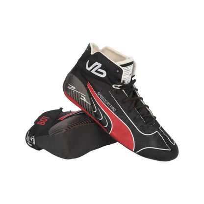 Black and red Valtteri Bottas 2022 F1 racing shoes with 'VLB' branding on a white background
