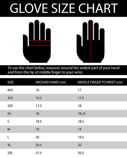 Glove size chart with hand illustrations and measurement details.