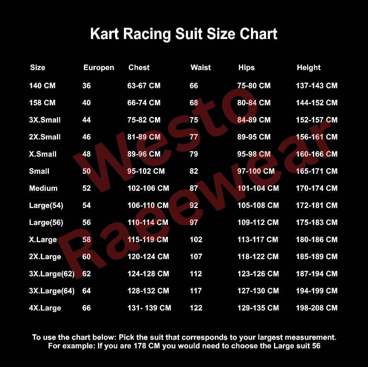 Kart Racing Suit Size Chart with measurements on a black background and Westo Racewear Watermark.