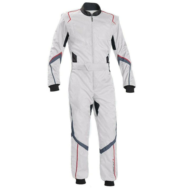 A white go-kart racing suit with red, blue, and black details, featuring a full zip closure and elasticated cuffs.