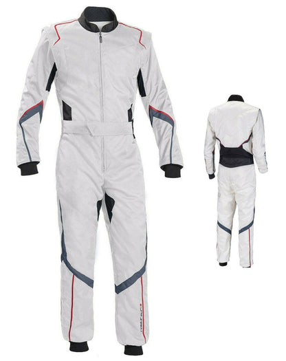 White go-kart racing suit with full front zip, elasticated cuffs and ankles, high collar with Velcro fastening and adjustable belt for complete driver protection.