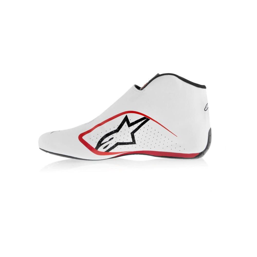 White Yuki Tsunoda 2020 F1 Racing shoe with a black and red logo on a white background