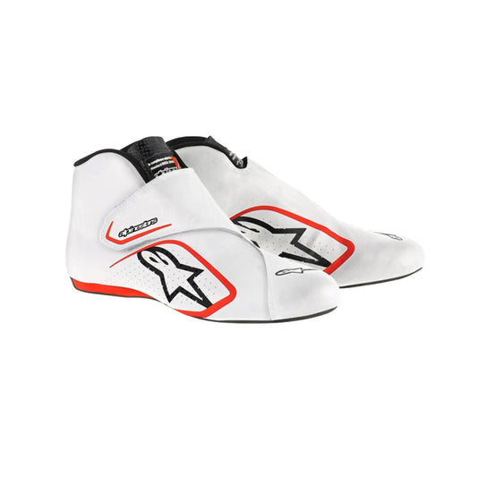 White Yuki Tsunoda 2020 F1 Racing shoes with red accents and a logo on a white background