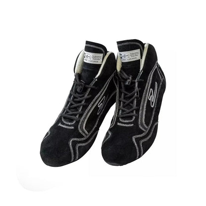 Pair of black ZR-30 Kart Racing shoes with white stitching on a white background