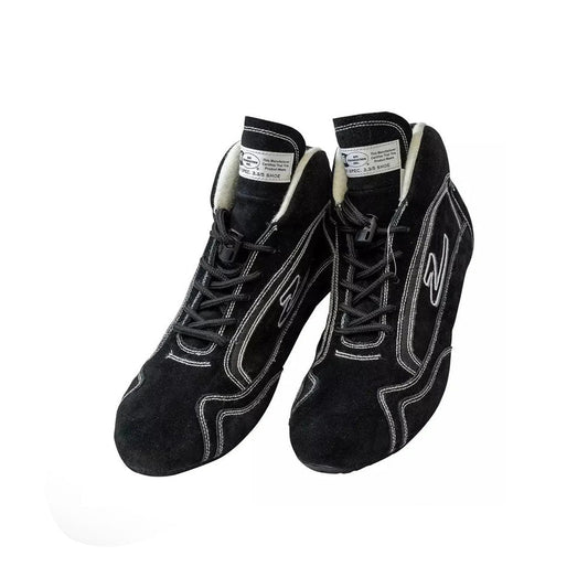 Pair of black ZR-30 Kart Racing shoes with white stitching on a white background