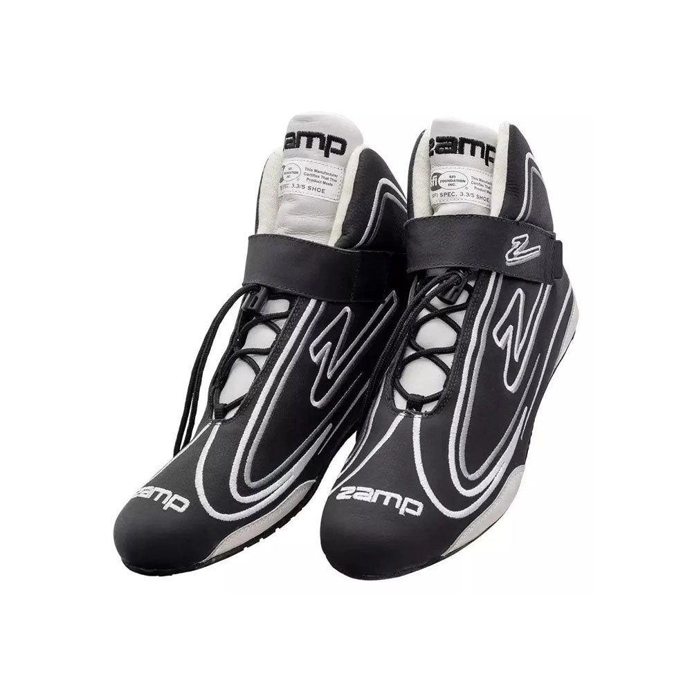 Black and white ZR-50 Kart Racing shoes with 'Zamp' branding on a white background