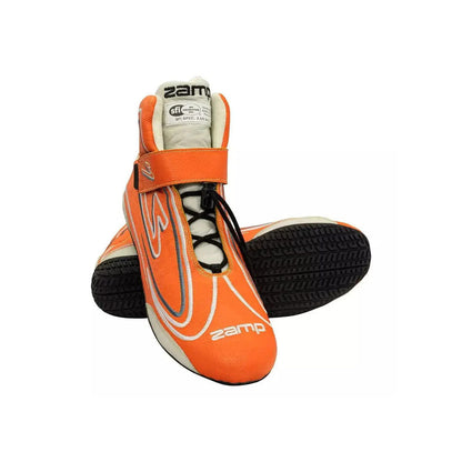 Orange and black ZR-50 Kart Racing shoes with 'Zamp' branding on a white background