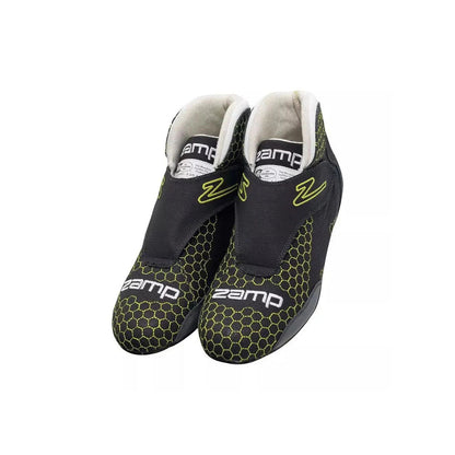 Pair of black and green zamp ZR-60 Kart Racing shoes on a white background