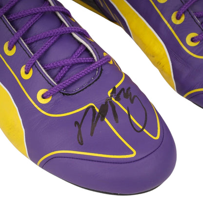 Purple and yellow Zhou Guanyu 2023 Mexico City GP F1 Racing shoes with a signature on a white background