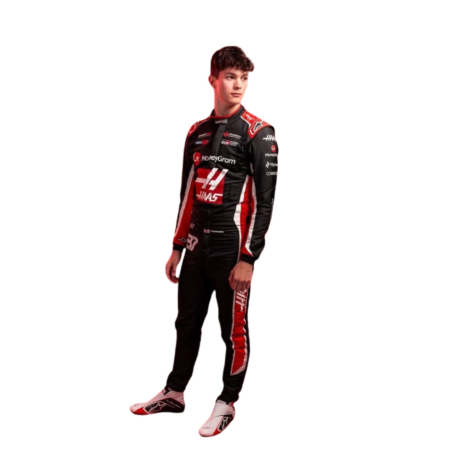 Side profile of Oliver Bearman showcasing the sleek design and fit of his 2025 racing suit.
