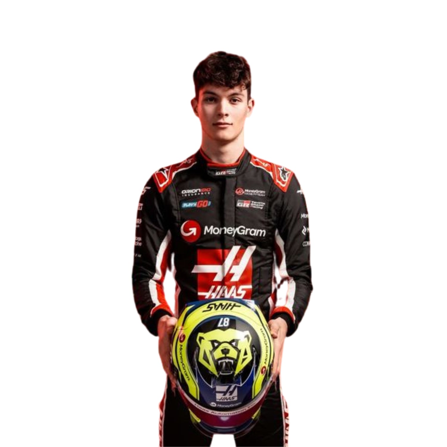 Close-up of Oliver Bearman's helmet for the 2025 season, highlighting its unique design elements.
