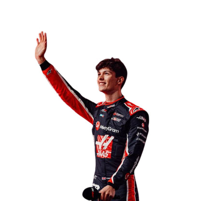 Right Side profile of Oliver Bearman showcasing the sleek design and fit of his 2025 racing suit.

