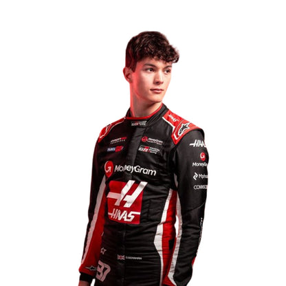 Left Close-up of Oliver Bearman's helmet for the 2025 season, highlighting its unique design elements.
